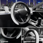SEG Direct Flat Bottom Steering Wheel Cover, D Shaped Car Wheel Cover 14 1/2-15 in. (37-39 cm), Black White Embossed Microfib