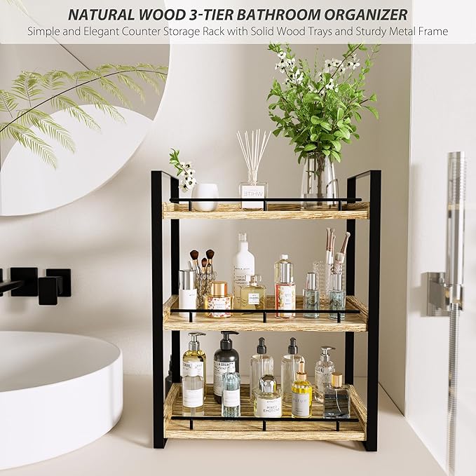 Bathroom Counter Organizer, 3 Tier Wood Countertop Shelf for Vanity, Skincare, Makeup, Kitchen Coffee and Sink Storage, with 