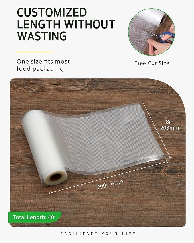 Syntus Vacuum Sealer Bags for food, 2 Pack 8" x 20' Commercial Grade Bag Rolls, Food Vac Bags for Storage, Meal Prep or Sous 