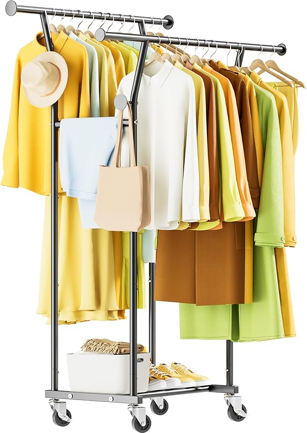 Double Rods Clothes Rack, Rolling Clothing Rack with Wheels, Metal Clothing Racks for Hanging Clothes, Portable Garment Rack 