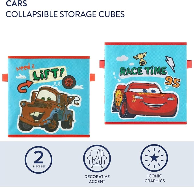 Disney Cars Storage Cubes, Set of 2 Durable 10"x10"x10" Fabric Bins with Handles, Lightning McQueen Organizer Boxes for Kids'