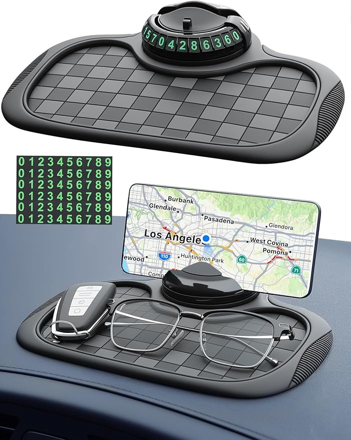 Multifunction Car Anti-Slip Mat Car Dashboard Mat 360° Rotating Adjustable Phone Holder with Hidden Parking Number Plate PVC 