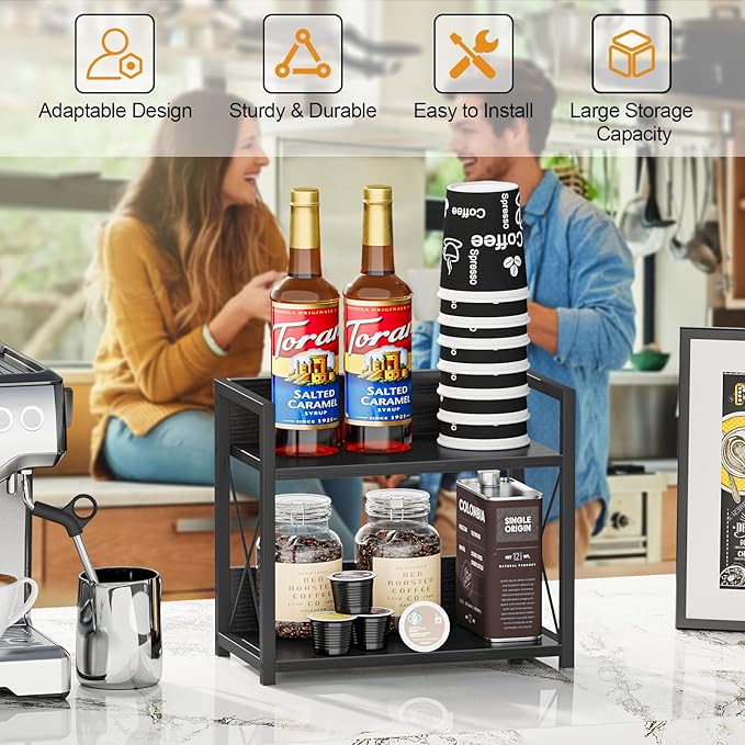 Giikin Kitchen Counter Shelf, 2 Tier Kitchen Spice Rack Organizer for Countertop, Wood Coffee Bar Organizer for Home (Black, 