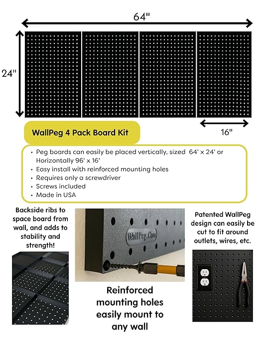 WallPeg Pegboard Kit - 4 Each 24"x16" Peg Board Panels - Made in USA - Mounted Size is 64" x 24" Pegboards Wall Organizer for