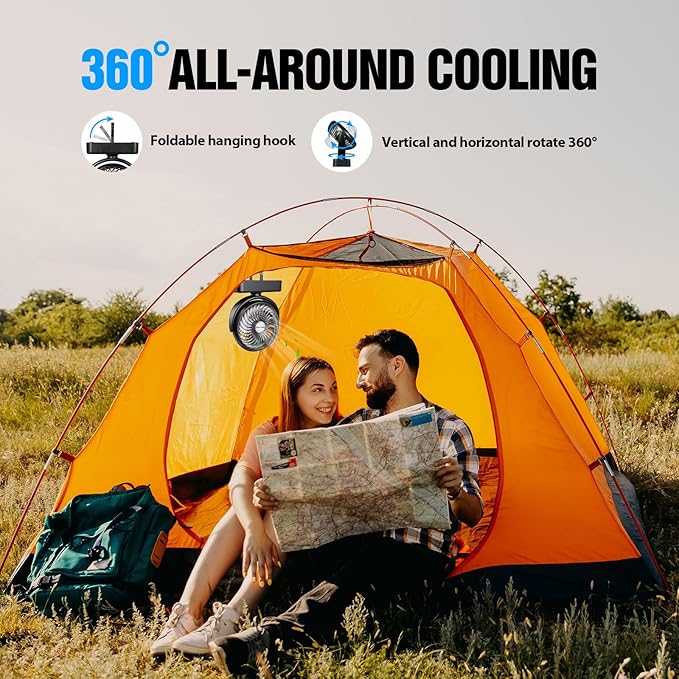 Portable Camping Fan with LED Lantern- 40H Work Time Rechargeable Battery Operated Fan with Hanging Hook for Tent Car RV Hurr