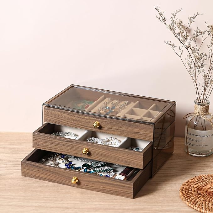 CLUQMEIK 3 Layer Acrylic Case Wooden Drawer Jewelry Organizer with Velvet Lining, Jewelry Box for Women and Girls to Store Ri