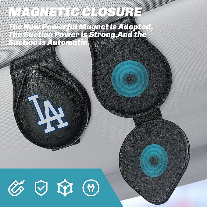 for MLB Los Angeles Dodgers Car Visor Sunglass Holder - Black Leather Eyeglass Case with Team Logo, Clip-On Sun Visor Organizer for Auto Interior, LA Dodgers Gifts