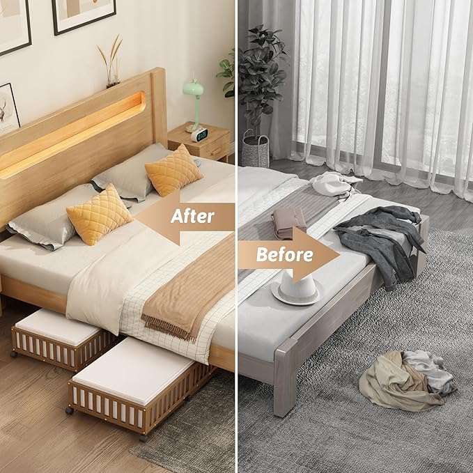 Bamboo Under Bed Storage Containers with Wheels, 2 Pack Large Under the Bed Shoe Storage Bins, Wood Rolling Underbed Drawers 