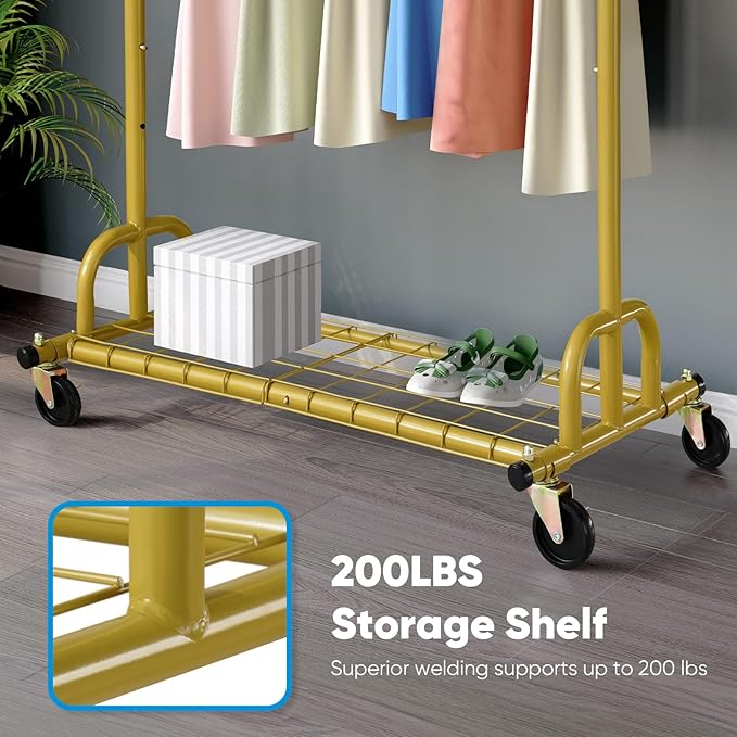 HOKEEPER Clothing Rack Gold Clothes Rack Heavy Duty Garment Rack for Hanging Clothes 525LBS Commercial Clothing Racks with Wh