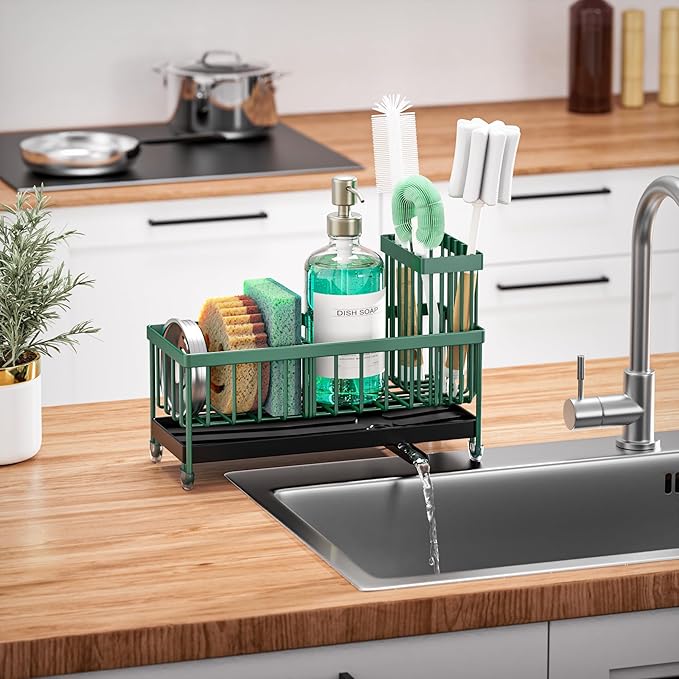 Cisily Sponge Holder for Kitchen Sink, Sink Caddy Organizer with High Brush Holder, Kitchen Countertop Organizers and Storage