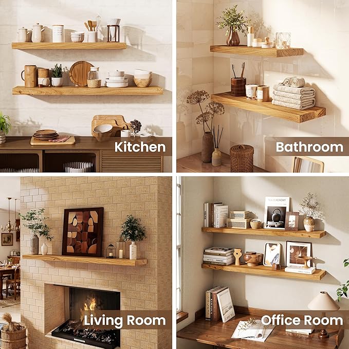 Dreamland Solid Wood Floating Shelves 30"x8" Set of 2 - Smooth Edge Elm Wall Mounted Shelf with Invisible Brackets, Minimalis
