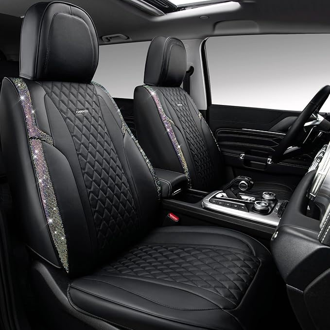 CAR PASS Iridescent Diamond &NAPPA Calfskin Leather Cushioned,Bling Seat Covers,Waterproof Heavy-Duty Anti-Slip,Universal Fit