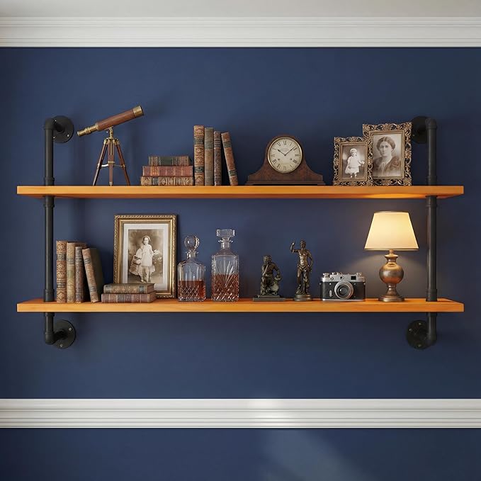 Industrial Pipe Shelving Shelf Rustic Wood Wall Shelves Industrial Floating Shelves for Wall 48 Inch Farmhouse Bookshelf Pipe