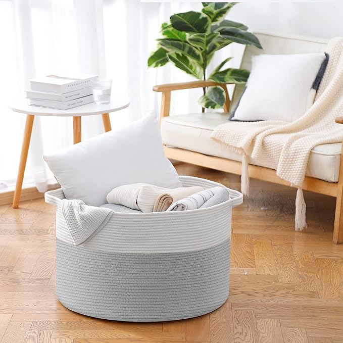 MEGASKET XXXL Large Cotton Rope Storage Bin, 22" X 14" Basket for Blankets Living Room, Woven Baby Kids Toy Storage Bin Box, 