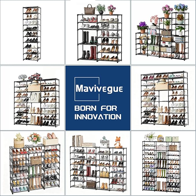 Mavivegue 3 Row 12 Tiers Shoe Rack, Large Storage Space, Metal Shoe Rack Organizer for Entryway, Closet, Bedroom, Garage,Blac