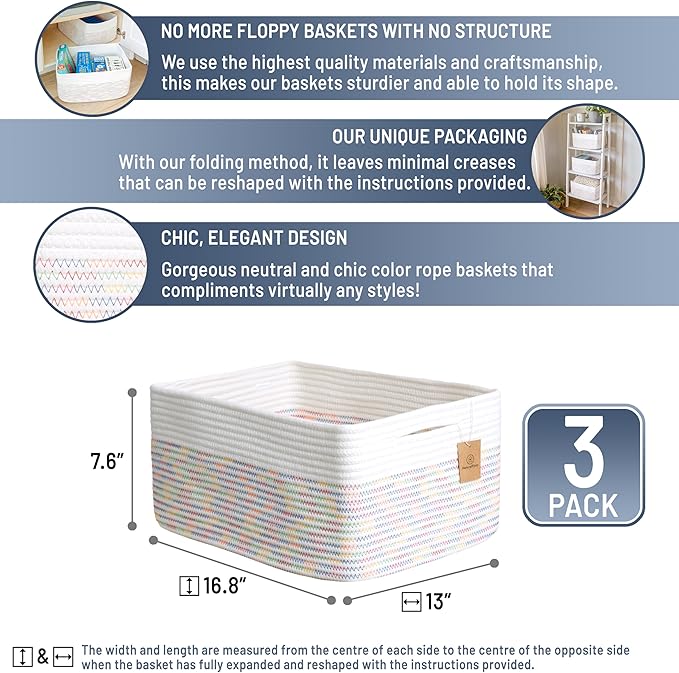 NaturalCozy Storage Baskets 16.8”x13”x7.6” Cotton Rope Woven Baskets for Organizing 3-Pack | Toy Storage Bins | Basket for Sh