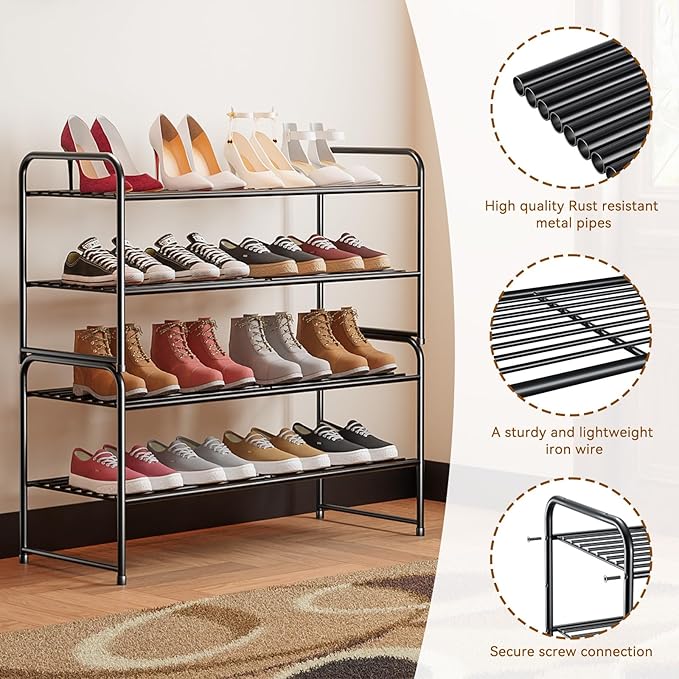 2 Tier Shoe Rack, Shoe Organizer Sturdy Metal for Entryway, Garage, Shoe Shelf Stand for Small Space, Stackable, Black