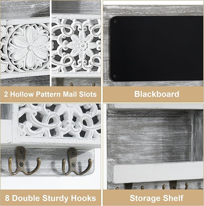 Mail Organizer Wall Mounted, 2 Slots Key Holder for Wall with 8 Hooks, Rustic Wood Key Rack with Shelf for Entryway Hallwall 