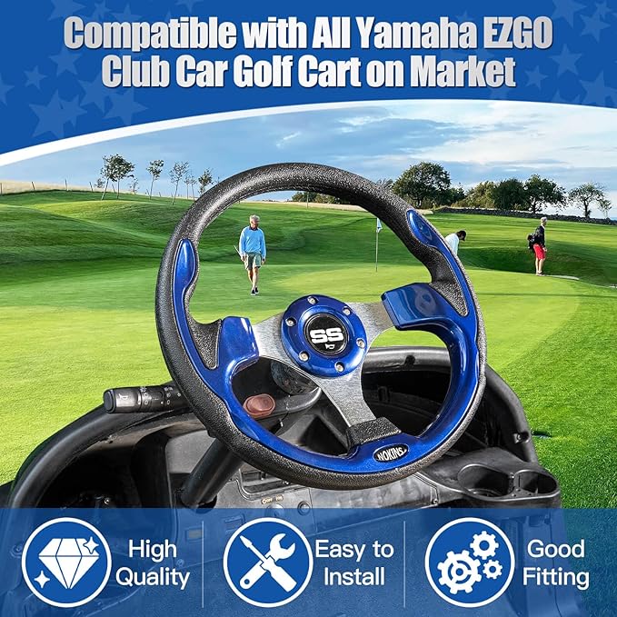 NOKINS 12.5" Universal Golf Cart Steering Wheel, Fit EZGO TXT/RXV/Club Car DS/Precedent/Yamaha, Most Golf Carts (Blue)