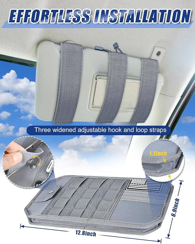Heavy Duty Molle Car Sun Visor Organizer Tactical Pounch with Flag and Glasses Clip Store Your Daily Items for Most Cars, Trucks, SUVs, Compacts, 12.8"x6.9"x1.2" (Gray)