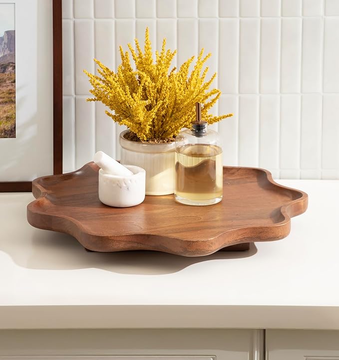 Kate and Laurel Alezar Mango Wood Wavy Round Lazy Susan Tray, 18 Inch Diameter, Walnut Brown, Scalloped Wooden Countertop Org