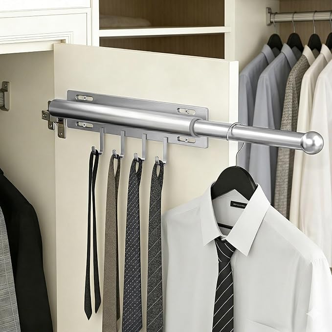 2 Pack Valet Rod for Closet Retractable with 4 Hooks, 13.4"-23.2" Pull Out Clothes Rail, Heavy Duty Alloy Steel Side Mount Wa