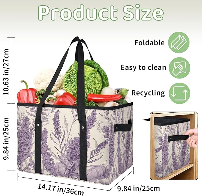 Reusable Grocery Bags Heavy Duty Shopping Bags Foldable Large Tote Bags with Long Handles & Hard Bottom