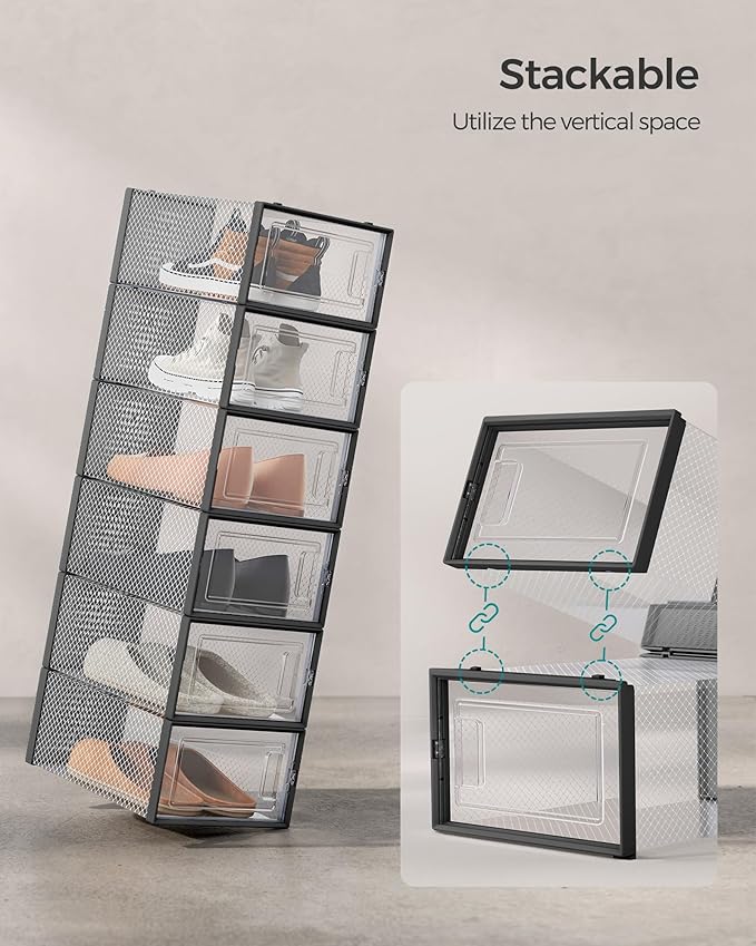 SONGMICS Shoe Boxes, Pack of 12 Shoe Storage Organizers, Stackable Clear Plastic Boxes for Closet, Sneakers, 13.1 x 9.1 x 5.6