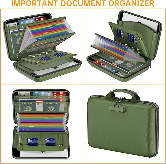 DocSafe Fireproof File Organizer with Lock, Hard-Shell Case Fireproof Document Box with 13 Pocket Accordion File Folder, Port