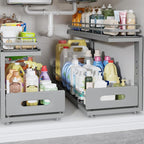 Under Sink Organizer Upgrade To Professional Rails,2-Tier Dual Pull Out Cabinet Storage,Height Adjustable Slide Out Drawers F