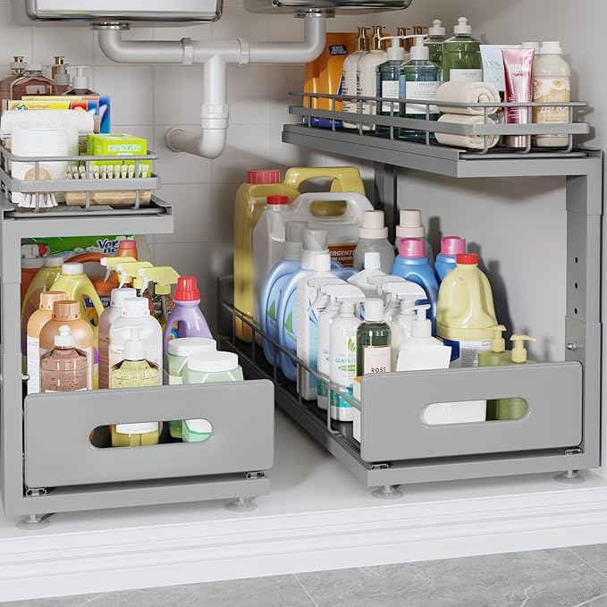 Under Sink Organizer Upgrade To Professional Rails,2-Tier Dual Pull Out Cabinet Storage,Height Adjustable Slide Out Drawers F