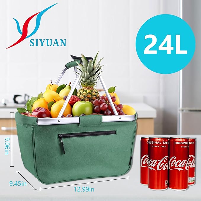 Picnic Basket, SIYUAN 24L Collapsible Market Basket with Two Handles Portable Canvas Grocery Basket Reusable Christmas Shoppi