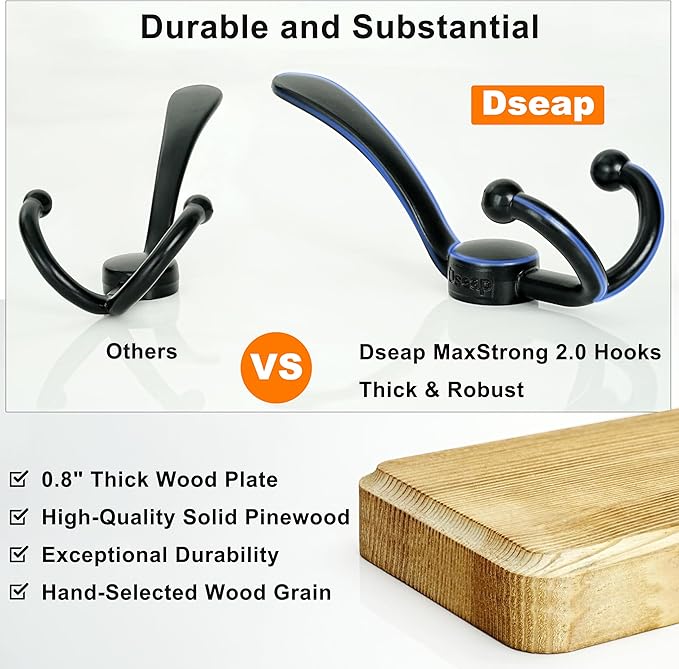 Dseap Coat Rack Wall Mount - Heavy-Duty Robust Barnwood-Style Wooden Wall Coat Hanger Hook Rail with 5 Triple Hooks for Winte