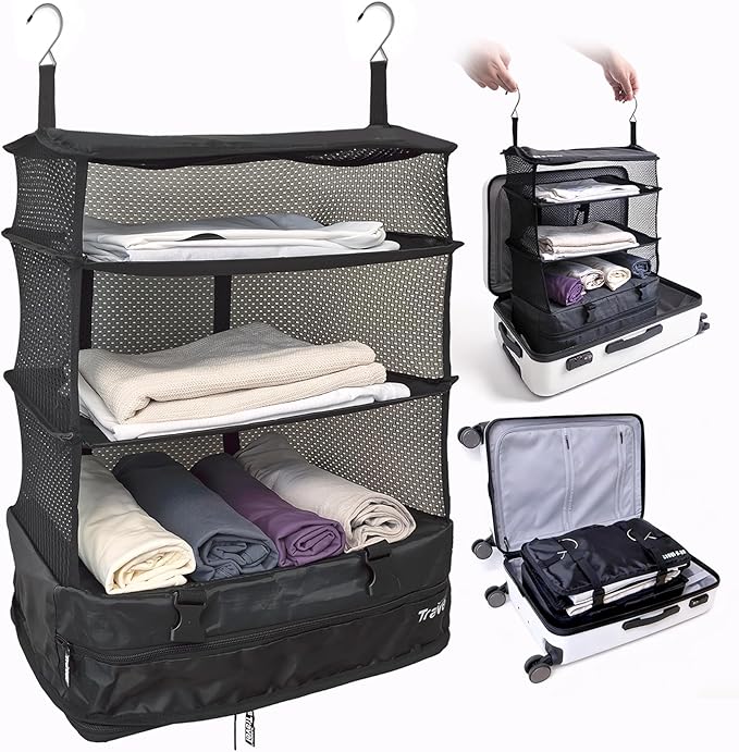 Grand Fusion Stow-N-Go Packing Organizer for Luggage, Portable Hanging Travel Shelves, Carry-On Closet, Hanging Packing Cubes