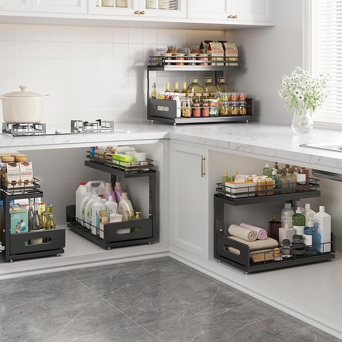 Under Sink Organizer Upgrade To Professional Rails,2-Tier Dual Pull Out Cabinet Storage,Height Adjustable Slide Out Drawers F