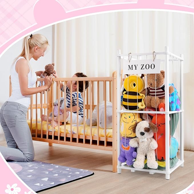 GLDZI Stuffed Animal Storage Zoo, Wooden Stuffed Animal Organizer with Elastic Cords for Boys Girls, Space Saving Toy Plushie