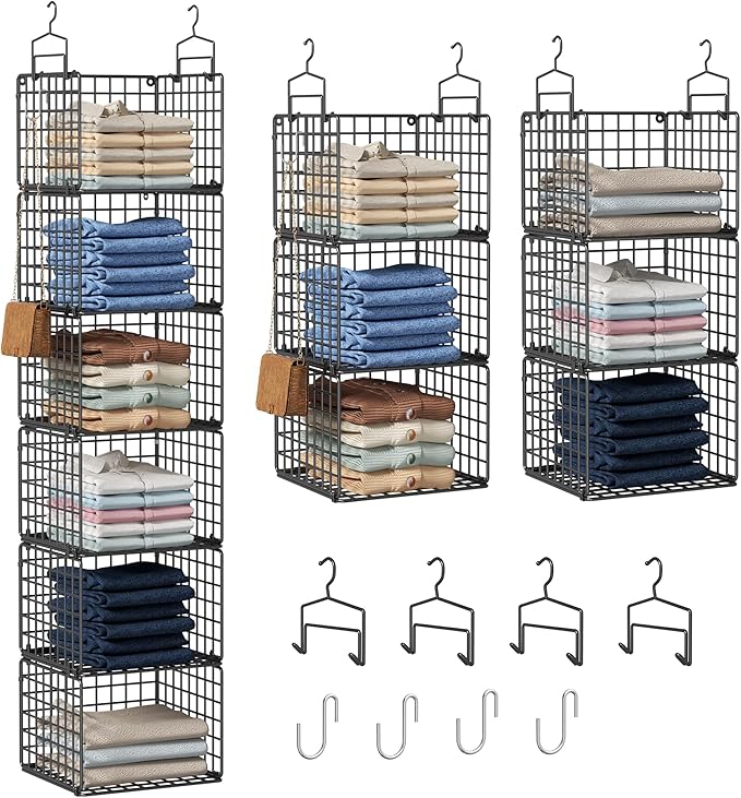 6 Tier Closet Hanging Organizer, Metal Closet Organizers and Storage with 4 Hanging Hooks 4 S-Hooks for Wardrobe Laundry Room