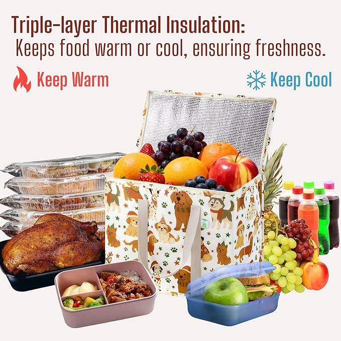VENO 2 Pack Insulated Cooler Bag for Food Delivery, Reusable Grocery Shopping Bag, Heavy Duty, Large Size, Durable Handles, Double Zippers, Lid, Collapsible (Holiday Pups, 2 Pack)
