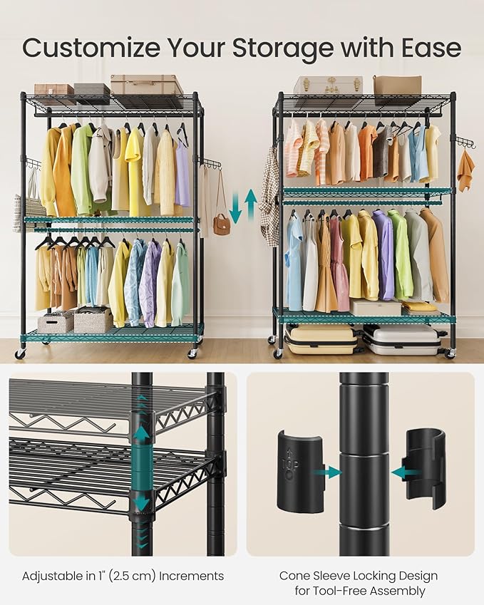 SONGMICS Heavy-Duty Rolling Clothes Rack, Garment Rack, Portable Closet, 43.3-Inch Wide Clothing Rack on Wheels, with Adjusta