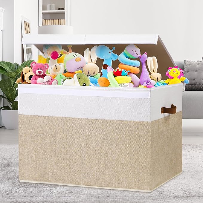 Gowee Large Toy Storage Box with Lid, Sturdy Toys Storage Chest Bin Organizer Basket with Dividers for Kids, Boys, Girls, Nur