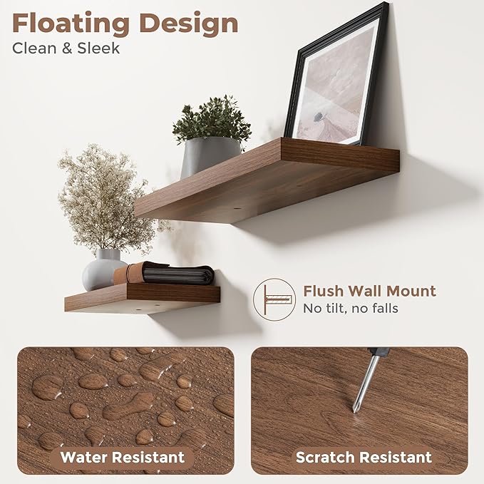 16 Inch Floating Shelves for Wall Set of 2, 8"D Wood Grain Bathroom Shelves with Invisible Brackets, Easy Install Engineered 