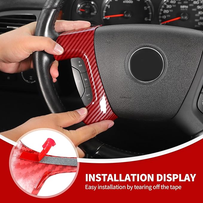 JeCar Steering Wheel Trim Covers Interior Accessories Compatible with Chevy Silverado/Tahoe/Suburban/Avalanche/GMC Yukon/GMC Sierra/Escalade 2007-2013 & Captiva 2012-2017, Red Carbon Fiber Finish