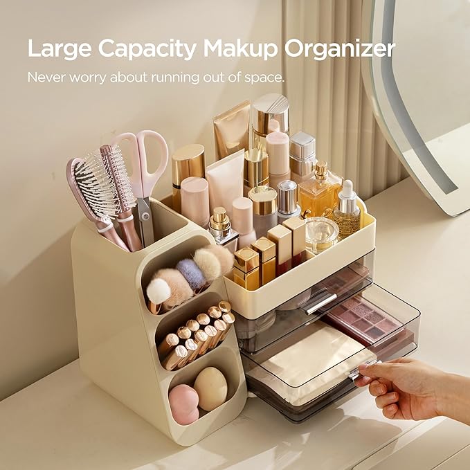 HBlife Makeup Organizer with Brush Holder for Vanity, Large Plastic Bathroom Countertop Organizer Skin Care Storage, Easy to 