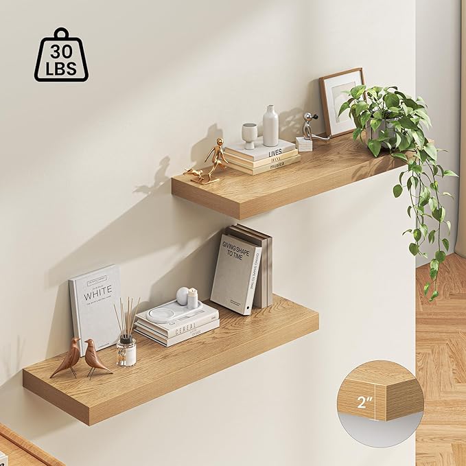 Dreamland 40" Floating Shelves for Wall, 12" Deep Thicker Oak Floating Shelves, Wall-Mounted Shelves for Bedroom, Living Room