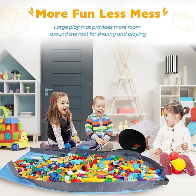 SAM AND MABEL XXL Toy Storage Organizer with Play Mat – 15" x 15" x 16" Storage Bin for Kids Playroom, Foldable Fabric Bag an