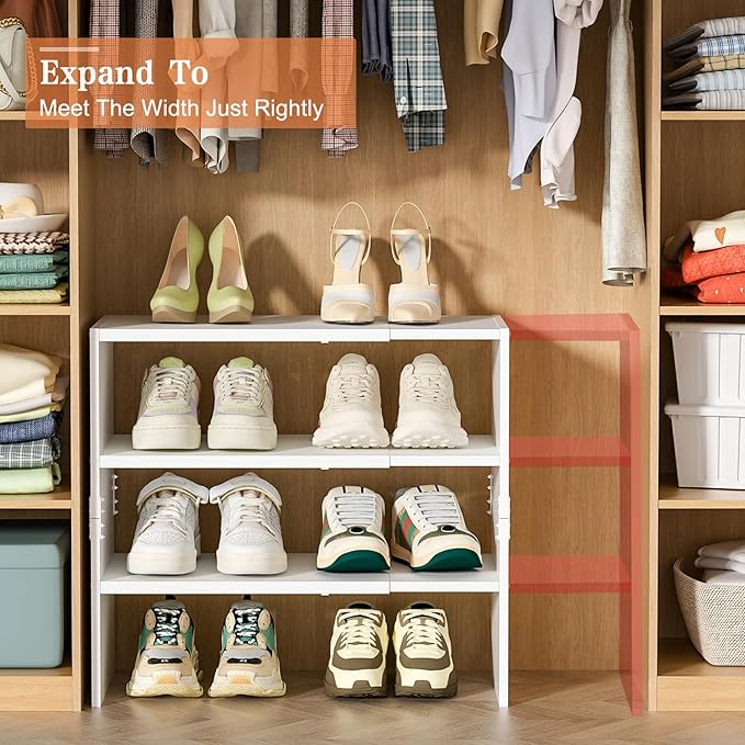 White Shoe Rack Organizer for Closet, 3-Tier Expandable Shoe Shelf, Stackable Iron Wood Combination Shoe Racks Shelves for Cl