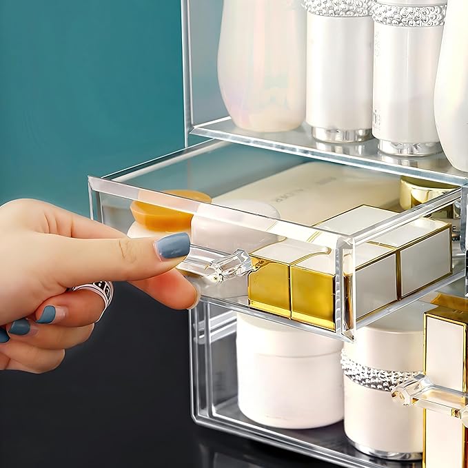 Clear Large Acrylic Makeup Organizer With Lid Cosmetic Storage Drawers Portable Makeup Organizers Dustproof And Waterproof Bo