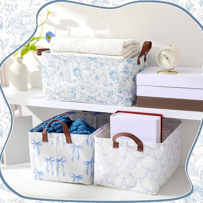 Boao 3 Pcs Blue Bow Storage Bin Collapsible Large Storage Baskets for Gifts Empty Candy Holiday Decor Canvas Laundry Basket F