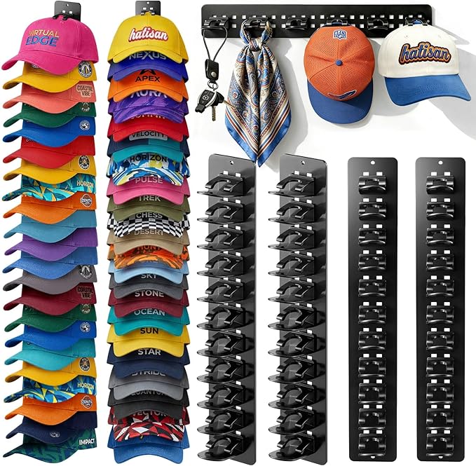 4 Pack Hat Organizer for Baseball Caps, Detachable DIY Hat Rack for Wall Hat Holder Hold up to 44 Hats, Baseball Cap Organize