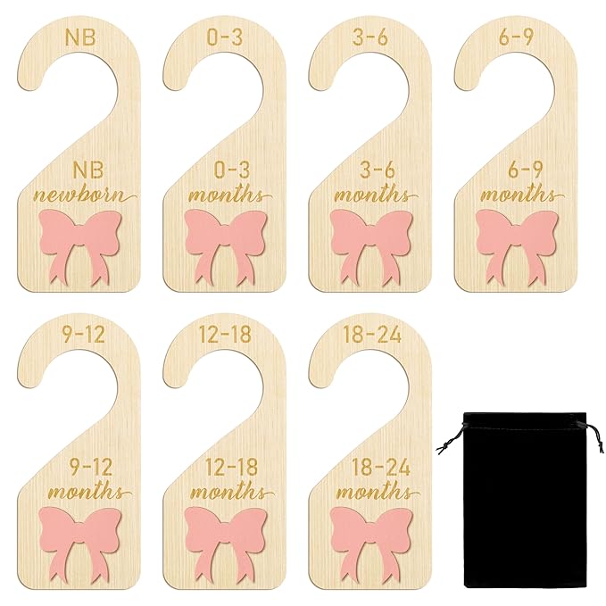R HORSE Wooden Baby Closet Dividers - 8Pcs 3D Coquette Pink Bow Baby Closet Organizer Double-Sided Newborn Clothes Size Hange